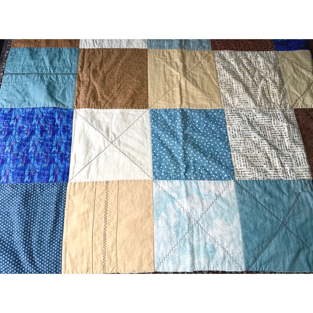 Handmade Quilt Patchwork Multi-Stitch Blue Brown Cream Cottagecore Throw 46x37